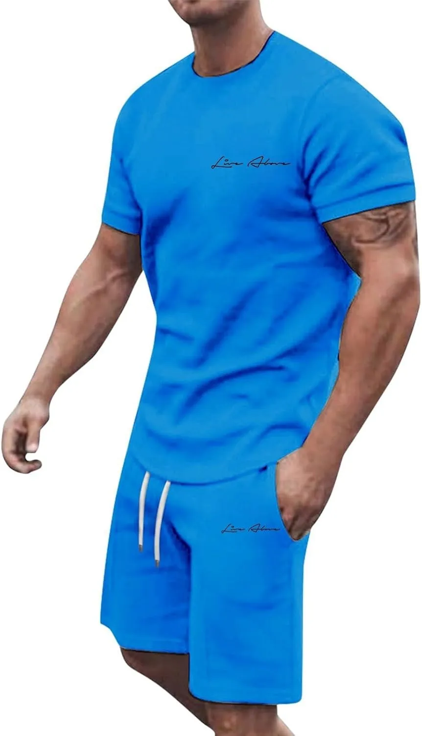2 Piece Set for Men Mens Outfits Short Sleeve Athletic Sweatsuit Summer Tracksuit Sets Workout Tops Sportwear