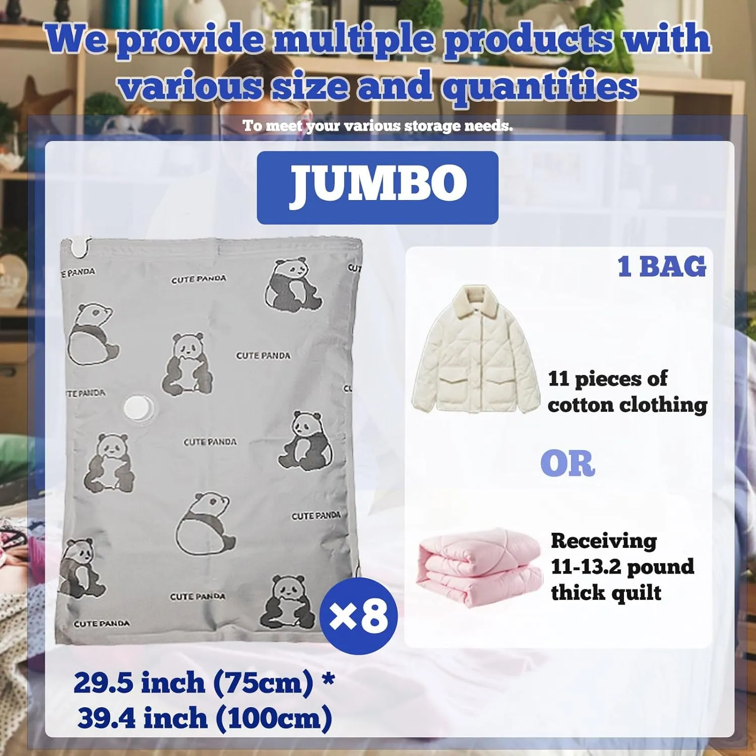 8 Pack Tear-Proof Jumbo Vacuum Storage Bags with Pump, Oxford Fabric Reusable Space Saver Vacuum Seal Bags for Clothing Travel, Luggage, Blankets and Comforters