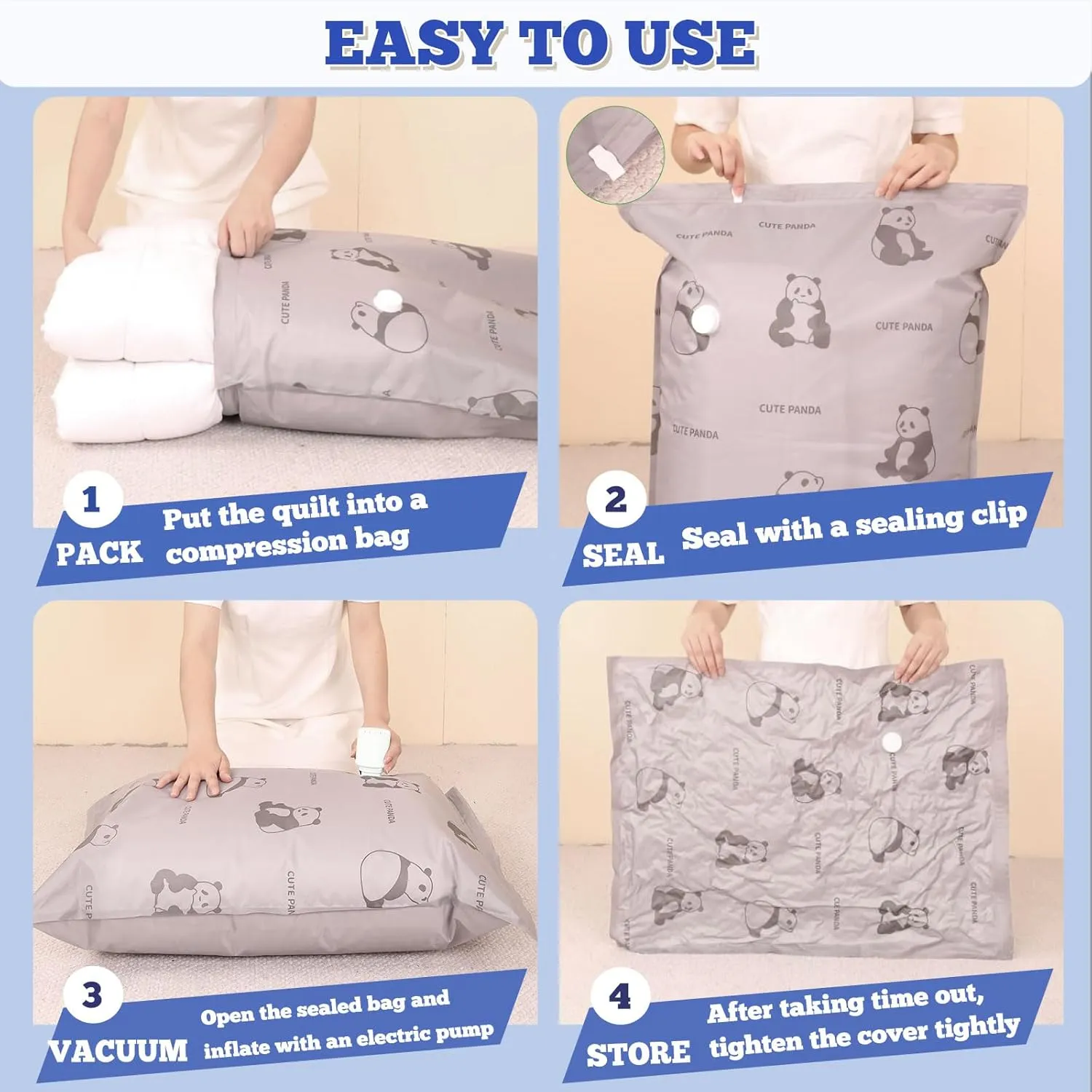8 Pack Tear-Proof Jumbo Vacuum Storage Bags with Pump, Oxford Fabric Reusable Space Saver Vacuum Seal Bags for Clothing Travel, Luggage, Blankets and Comforters