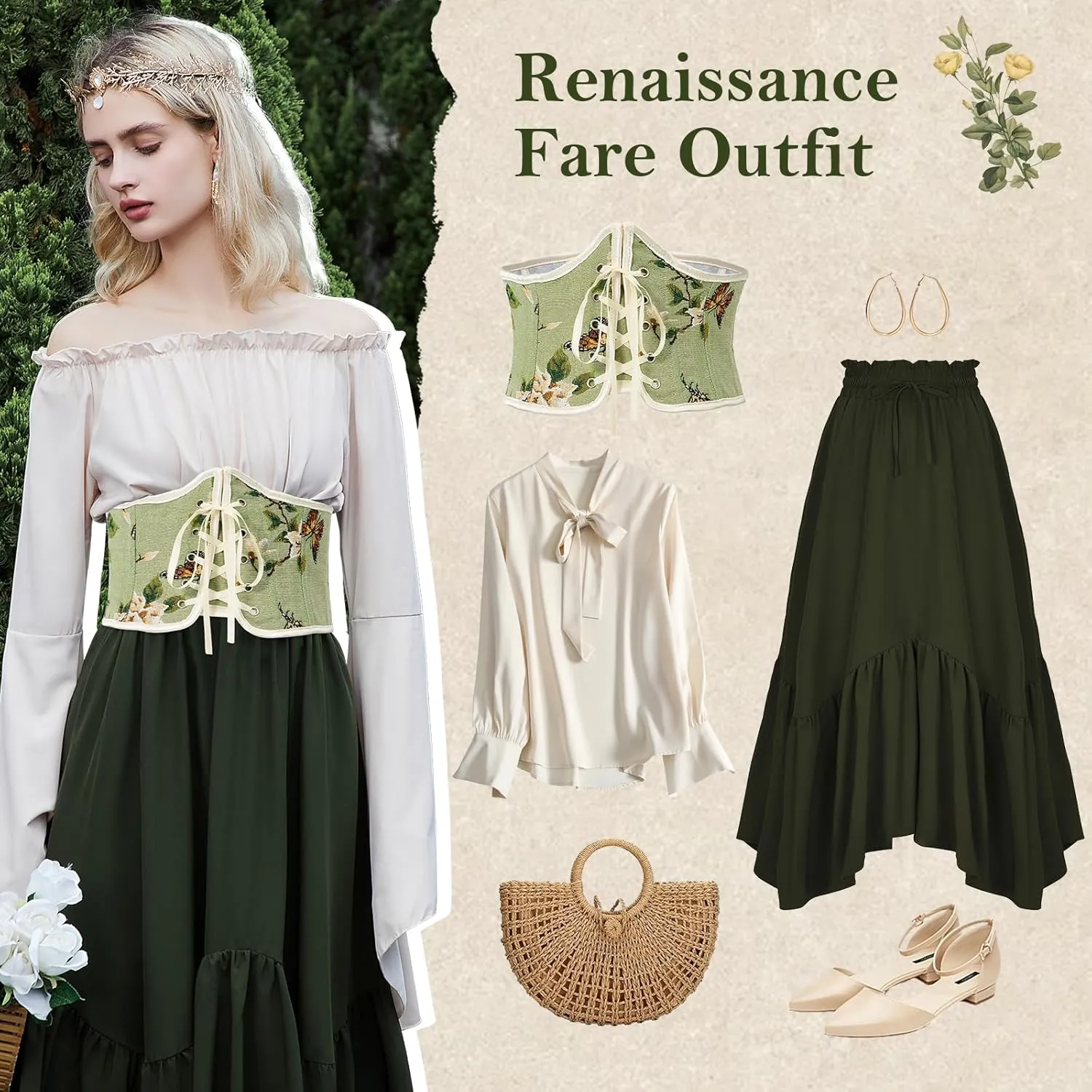 American Trends Renaissance Corset Belt With Zipper and Lace Up for Women - Floral Medieval Accessories
