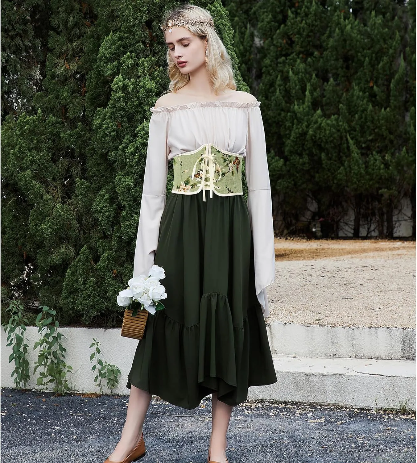 American Trends Renaissance Corset Belt With Zipper and Lace Up for Women - Floral Medieval Accessories