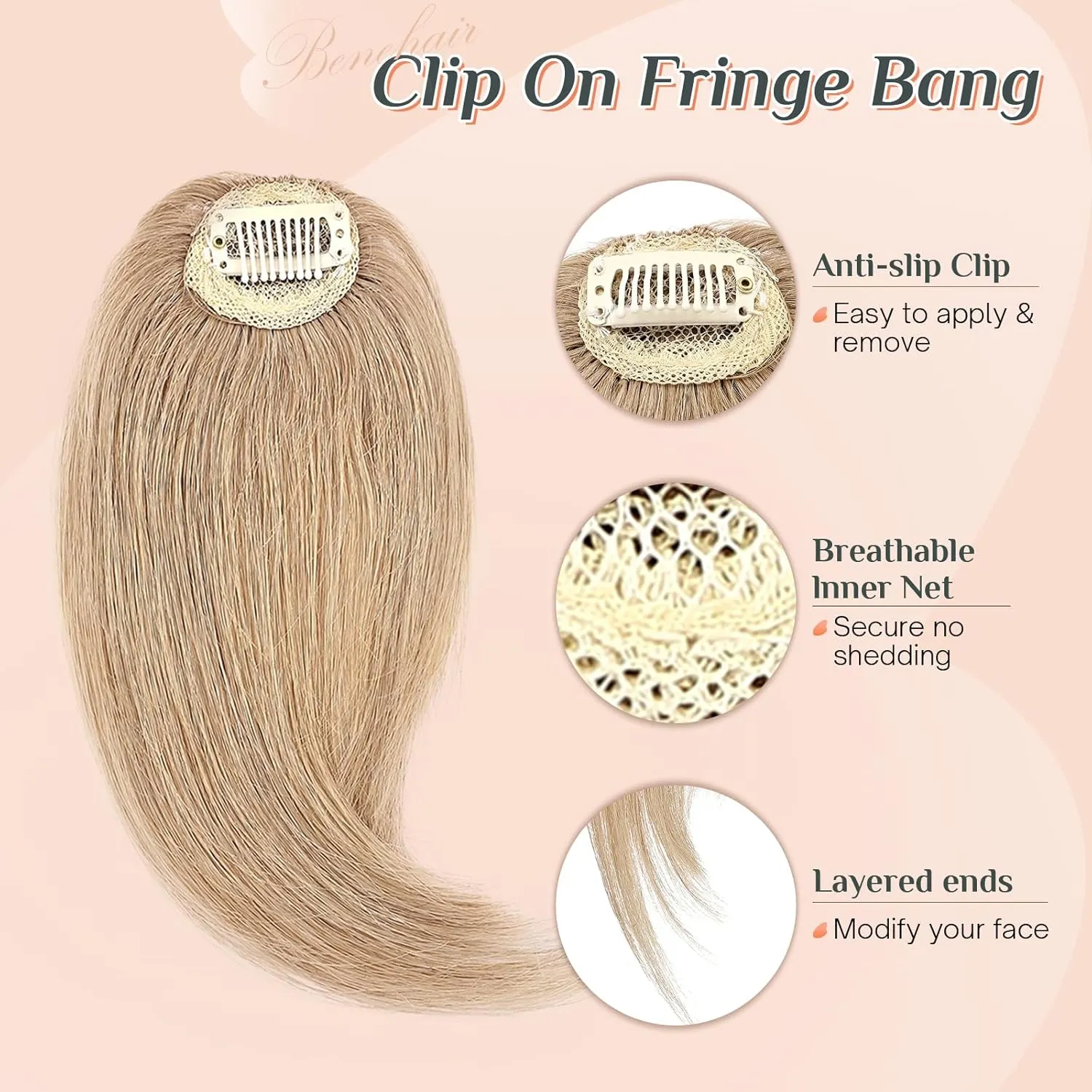 Benehair Side Bangs Clip in Bangs 100% Real Human Hair Curtain Bangs 10 inch Dark Blonde Remy French Bang Soft Thick Hair 15g with Invisible Clips for Women #27