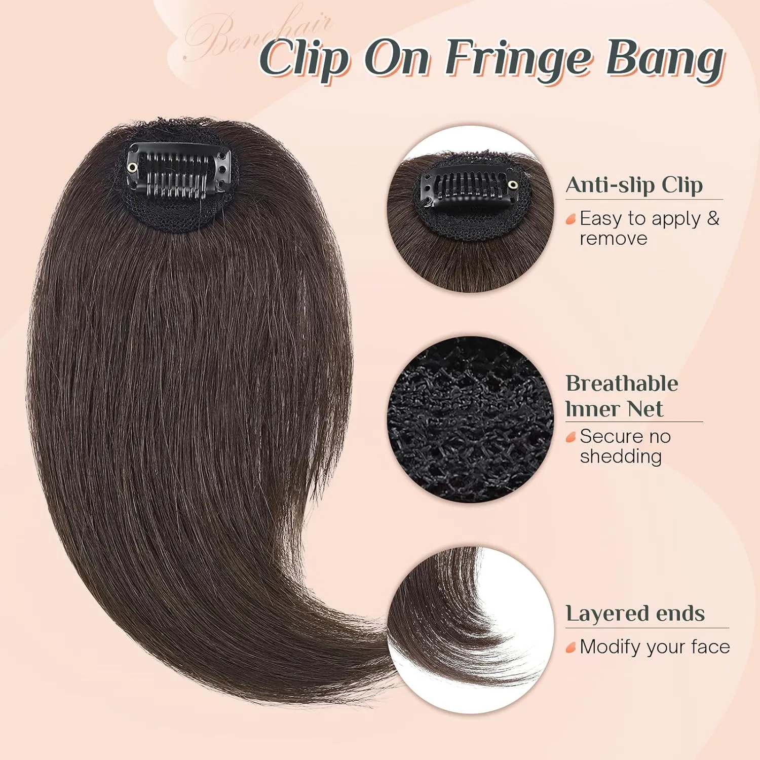 Benehair Side Bangs Clip in Bangs 100% Real Human Hair Curtain Bangs 10 inch Dark Brown Remy French Bang Soft Thick Hair 15g with Invisible Clips for Women #2
