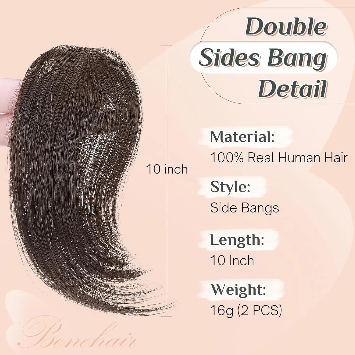 Benehair Side Bangs Clip in Bangs 100% Real Human Hair Curtain Bangs 10 inch Dark Brown Remy French Bang Soft Thick Hair 15g with Invisible Clips for Women #2
