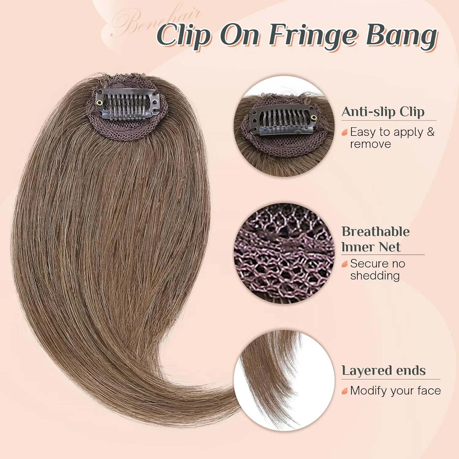 Benehair Side Bangs Clip in Bangs 100% Real Human Hair Curtain Bangs 10 inch Light Brown Remy French Bang Soft Thick Hair 15g with Invisible Clips for Women #6