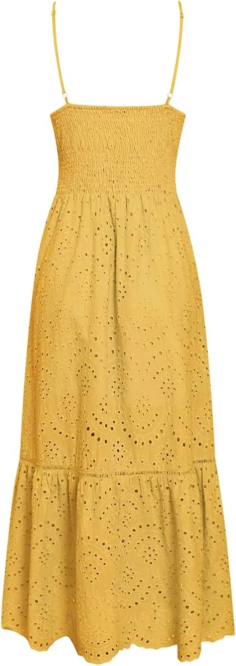 BerryGo Women's Embroidery Pearl Button Down Dress V Neck Spaghetti Strap Maxi Dress