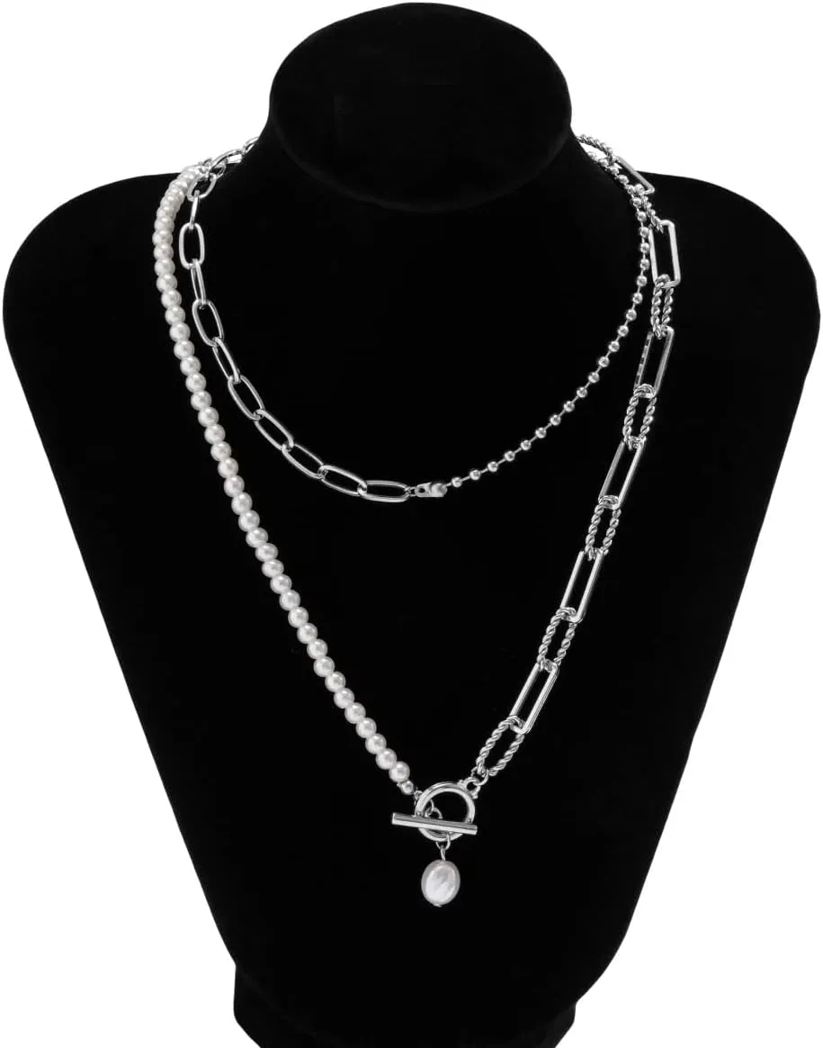 Bethynas Dainty Silver Layered Baroque Pearl OT Clasp Necklace Stacking Beaded Ball Chain Paperclip Pearl Chain Retro Necklace for Women