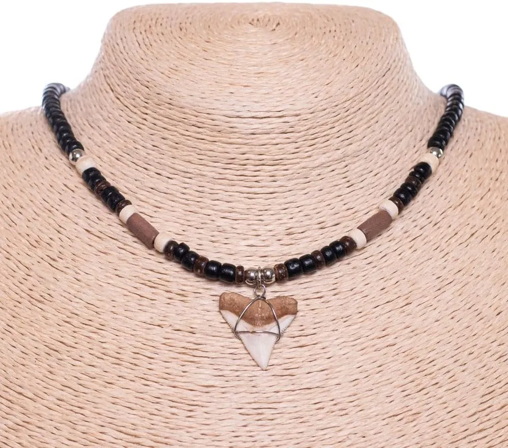 BlueRica Shark Tooth on Coconut Shell Beads Necklace (18" 3U)