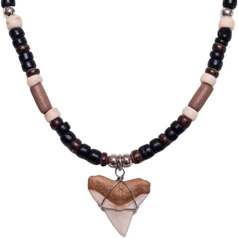 BlueRica Shark Tooth on Coconut Shell Beads Necklace (18" 3U)