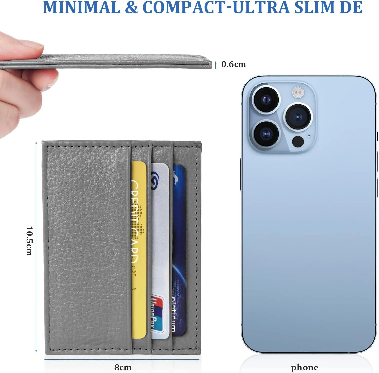 Credit Card Holder Wallet, RFID Blocking Leather Ultra Slim Wallet, Thin Minimalist Credit Card Case Card Protector, Front Pocket Wallets for Men, Women - 6 Card Slots and 1 Pockets (Grey)