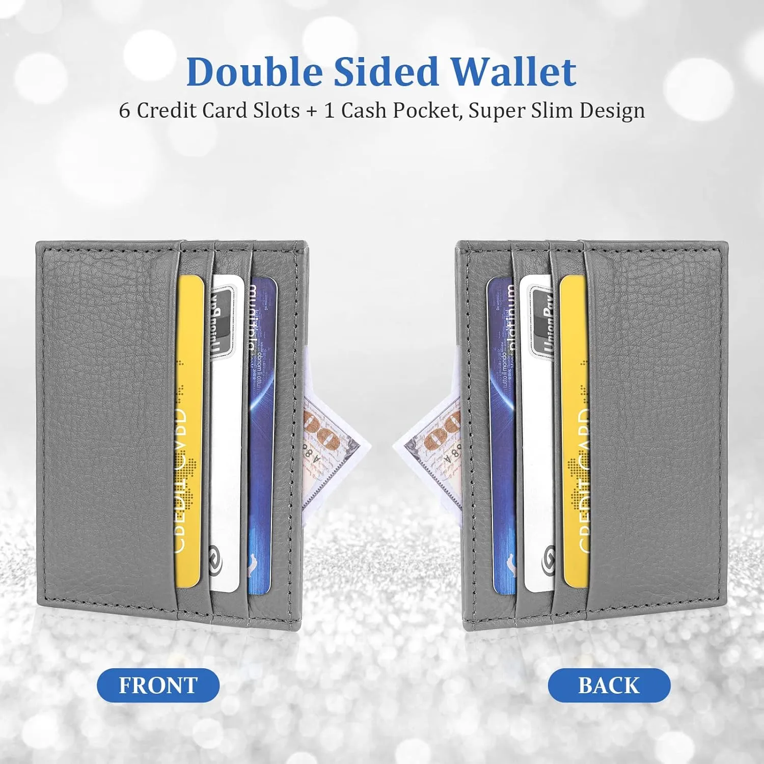 Credit Card Holder Wallet, RFID Blocking Leather Ultra Slim Wallet, Thin Minimalist Credit Card Case Card Protector, Front Pocket Wallets for Men, Women - 6 Card Slots and 1 Pockets (Grey)