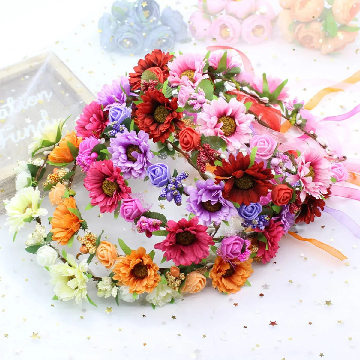 DDazzling Girls Breath Crown Flower Girl crown Floral Headband Wedding Hair Wreath Photo Props (Daisy Orange Flower)