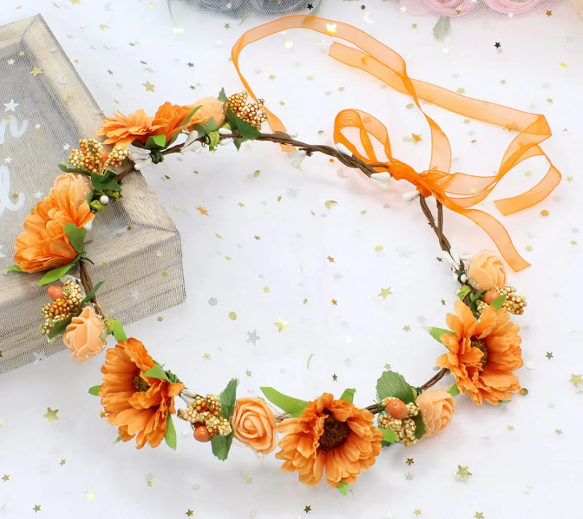 DDazzling Girls Breath Crown Flower Girl crown Floral Headband Wedding Hair Wreath Photo Props (Daisy Orange Flower)