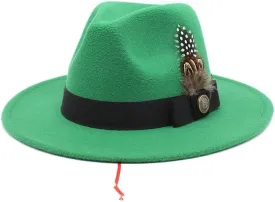 DHAEY Gentleman Classical British Jazz Feather Hat Decorated Face Woolen Hat, Autumn and Winter Woolen Felt Hat Luopan Caps & Hats (Color : Grass Green, Size : 56-58cm)