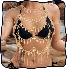 DRESBE Layered Sequin Bra Chain Gold Tassel Body Chains Summer Beach Bikini Chest Accessories for Women