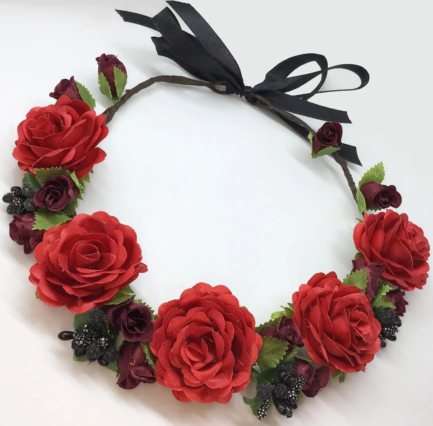 Flower Crown Girls Floral Headpiece - Artificial Burgundy Roses Wedding - Bridal Boho