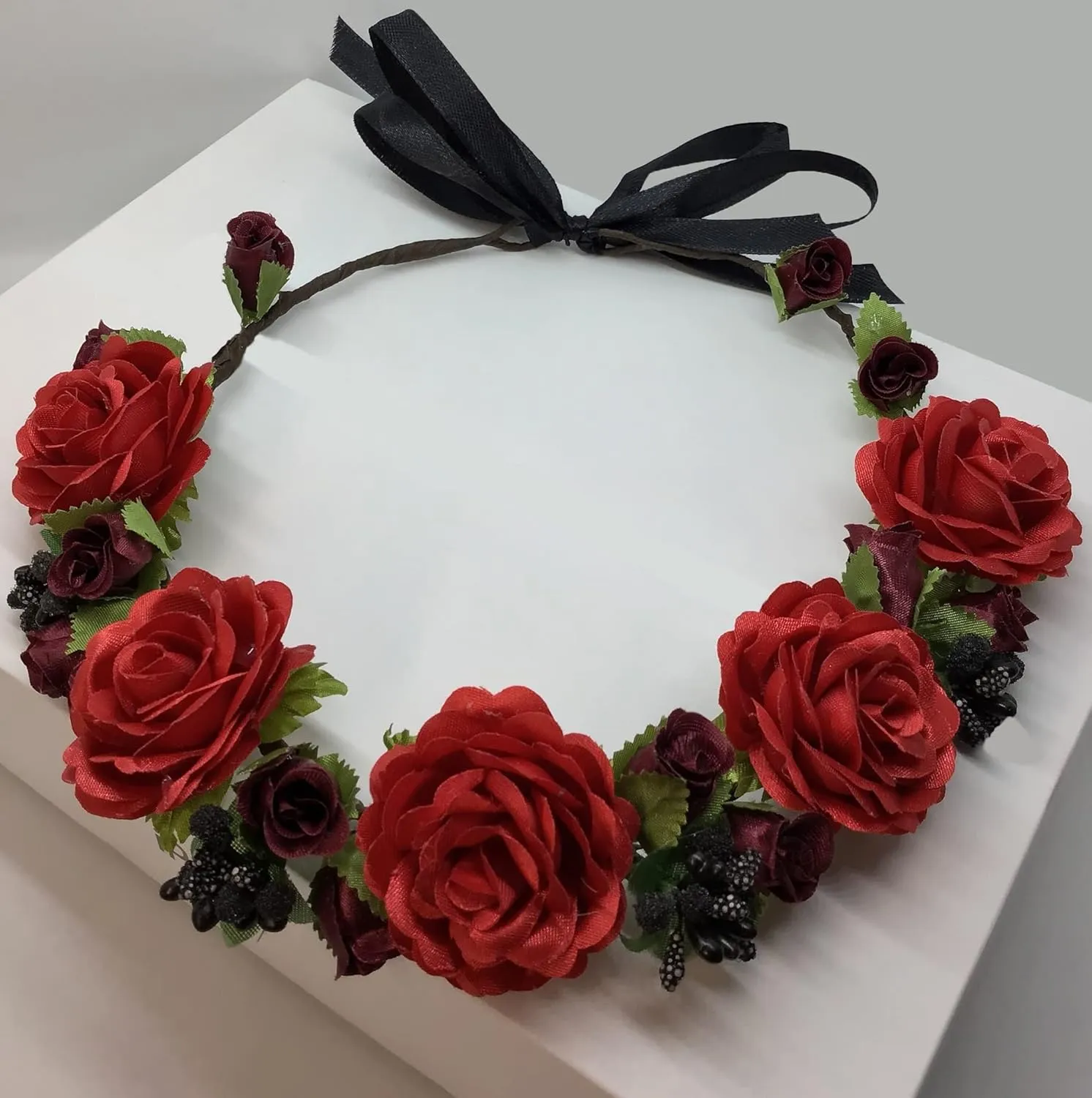 Flower Crown Girls Floral Headpiece - Artificial Burgundy Roses Wedding - Bridal Boho