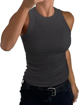 GEMBERA Womens Sleeveless Racerback High Neck Casual Basic Cotton Ribbed Fitted Tank Top