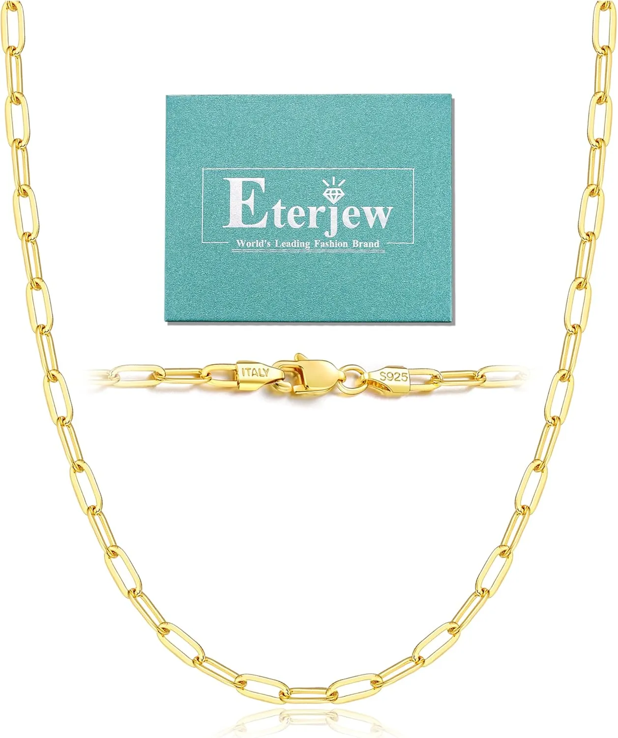 Italy Solid 18K Gold Over 925 Sterling Silver Paperclip Chain Necklace for Women, 3/4mm Women's Chain Necklace, World's Top Craftsmanship Necklace for Women 16 18 20 22 24 26 Inch