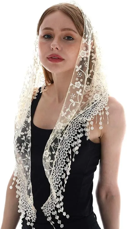 LMVERNA Triangle Lace Mantilla Veil Tulle Scarf Covering Church Veil for Mass Wedding Bridesmaids