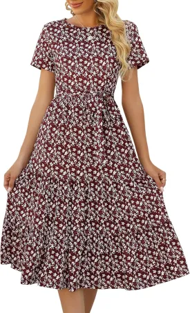 Lyrur Women's Dresses Casual Summer Tiered Midi Dress Short Sleeve Belted Ruffle Babydoll Boho Sundress with Pockets