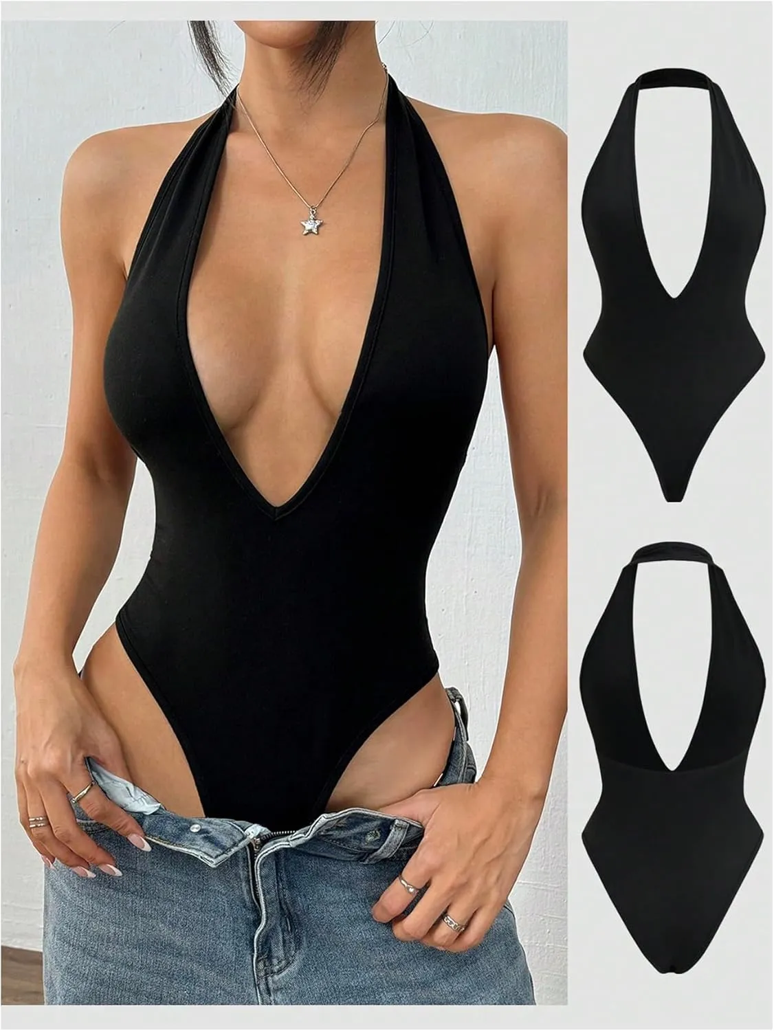 Milumia Women's Deep V Neck Halter Bodysuit Backless Slim Fit Sexy Top