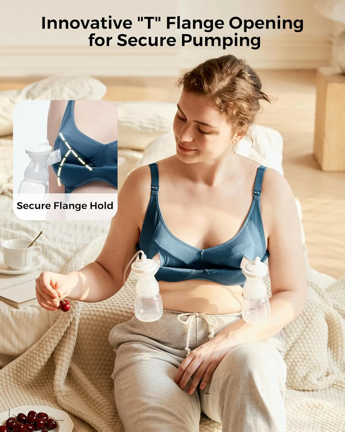 Momcozy Hands-Free Pumping Bra, Wireless & Seamless Breast Pump Bra, Breathable Tencel Fabric & Fully Fixed Cups