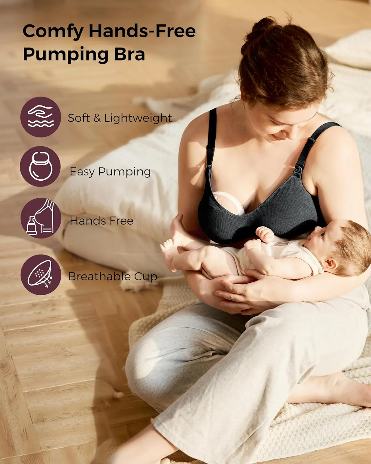 Momcozy Hands-Free Pumping Bra, Wireless & Seamless Breast Pump Bra, Breathable Tencel Fabric & Fully Fixed Cups