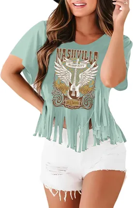 Nashville Tshirt for Women Country Concert Shirt Cowgirl West Music Rock Band Tee Vintage Graphic Fringe Tassel Top