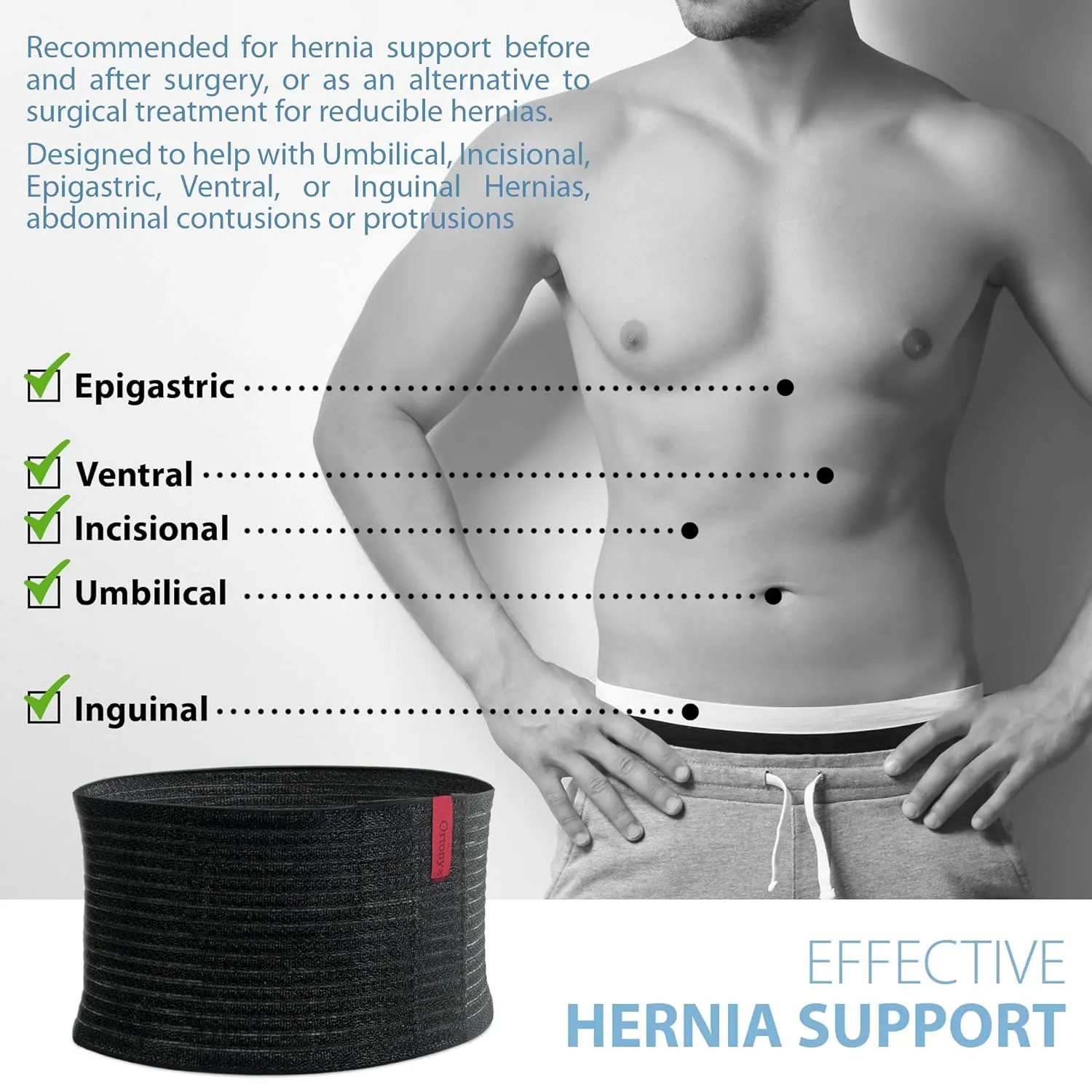 ORTONYX Umbilical Hernia Belt for Men and Women / 6.25" Abdominal Binder With Hernia Support Pad - Navel Ventral Epigastric Incisional and Belly Button Hernias - Black OX5241-3XL Plus Size