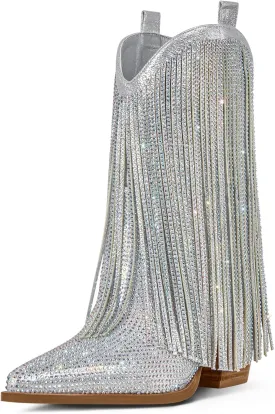 Ouepiano Cowboy Boots for Women - Cowgirl Rhinestone Boots with Sparkly Fringe Pointed Toe Western Boot Chunky Heel Pull-On Wide Calf Botas Vaqueras