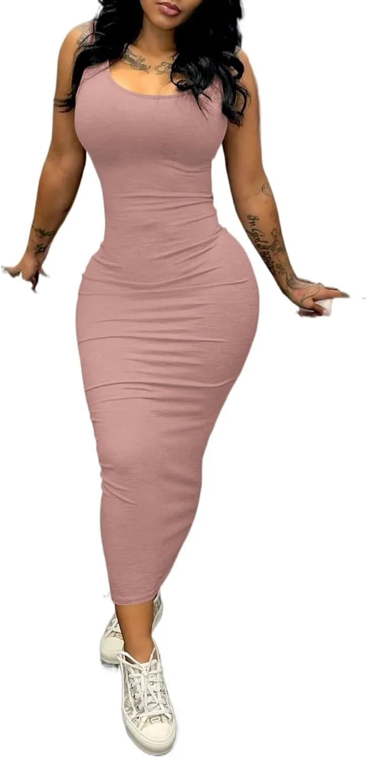 PINSV Women's Sexy Bodycon Tank Dress Basic Sleeveless Long Maxi Dresses Party Club Beach Sundresses