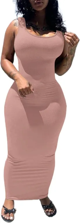 PINSV Women's Sexy Bodycon Tank Dress Basic Sleeveless Long Maxi Dresses Party Club Beach Sundresses