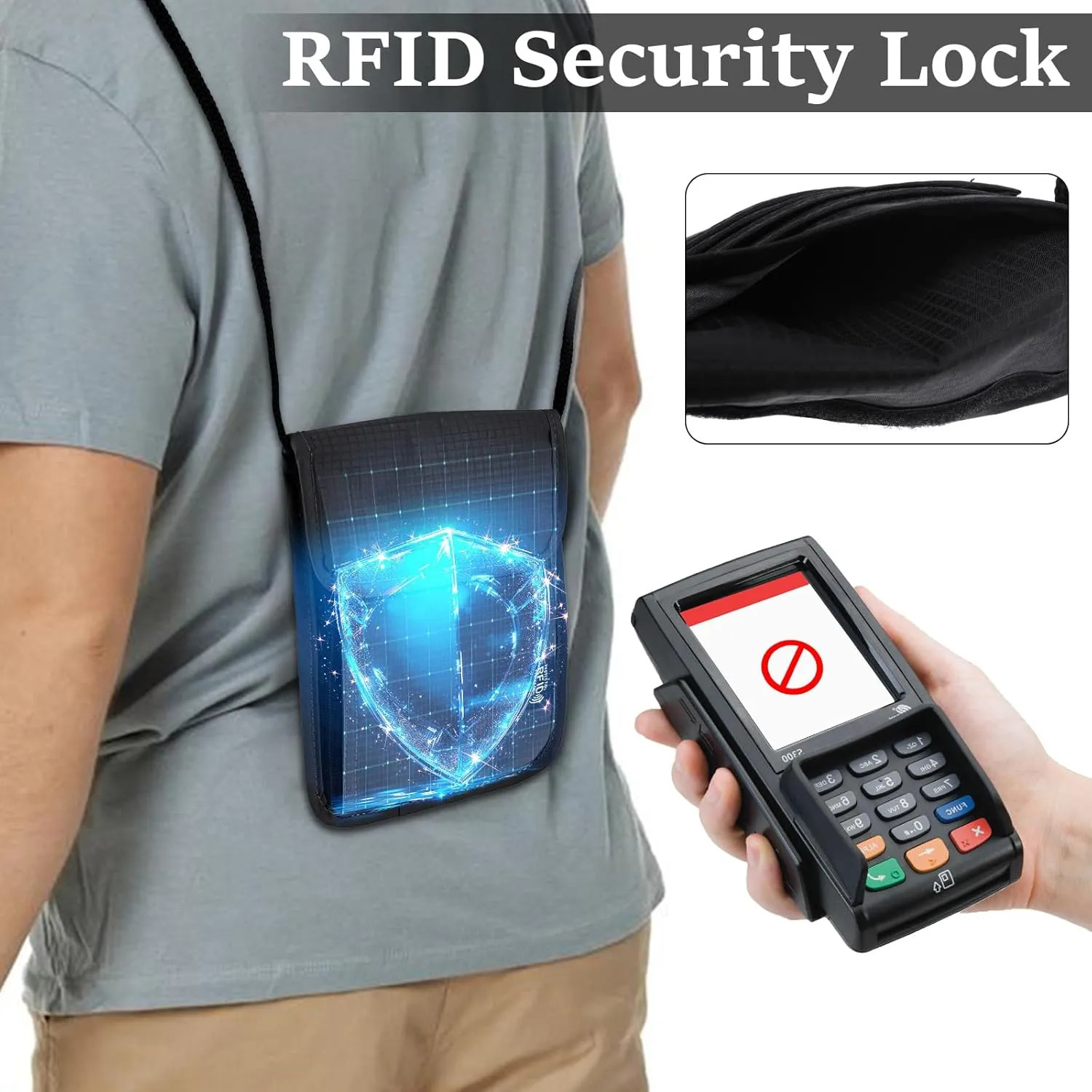 RFID Blocking Travel Neck Wallet, Waterproof Passport Holder for Travel, Portable Neck Pouch Organizer for Women Men(Black)