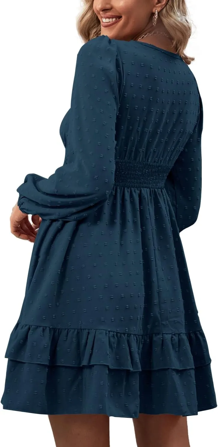 Rooscier Women's Wrap V Neck Swing Ruffle Swiss Dots Long Sleeve Mini Dress
