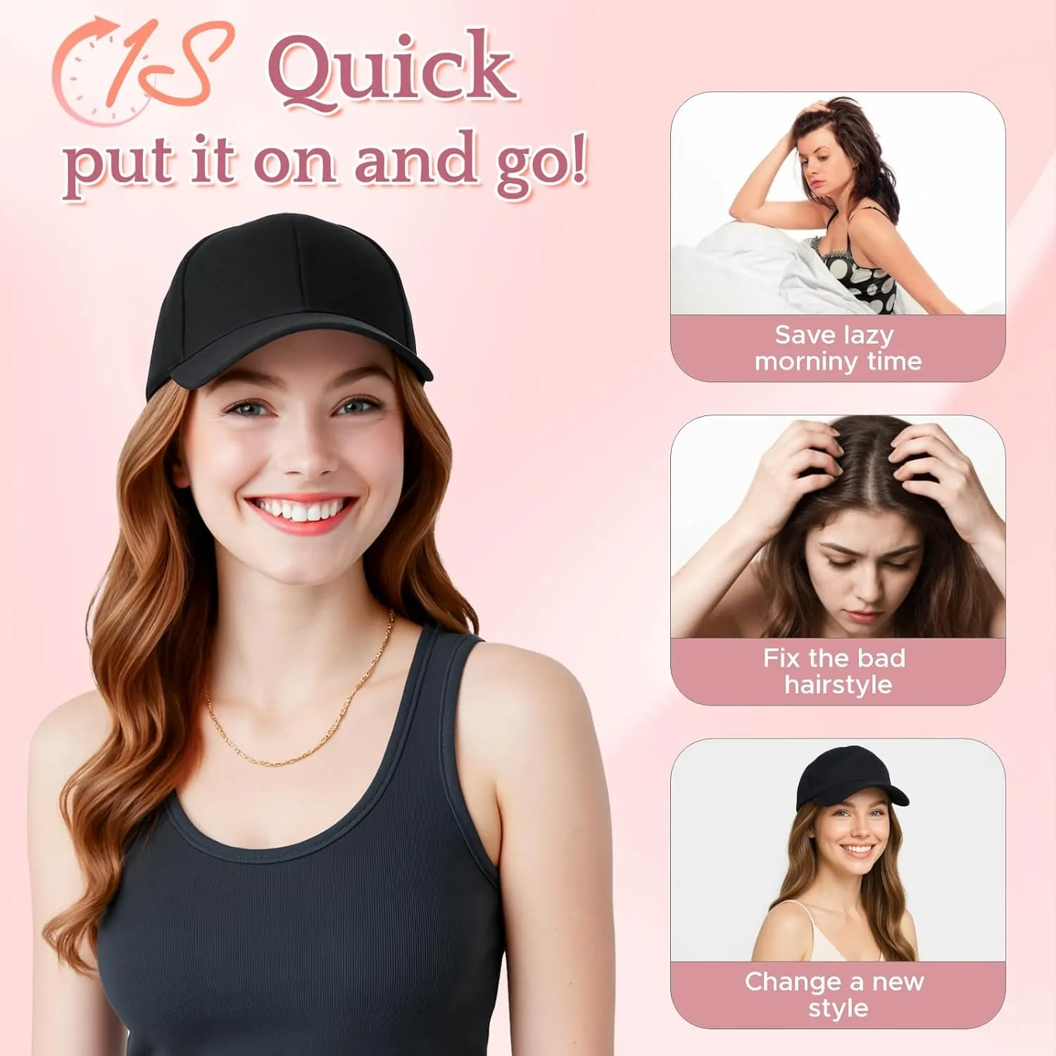 SEGO Hat Wig, Hat with Hair Attached for Women Black Baseball Cap with Hair Extensions, Long Wavy Baseball Cap Wig Adjustable Hats for Daily Party #16P613