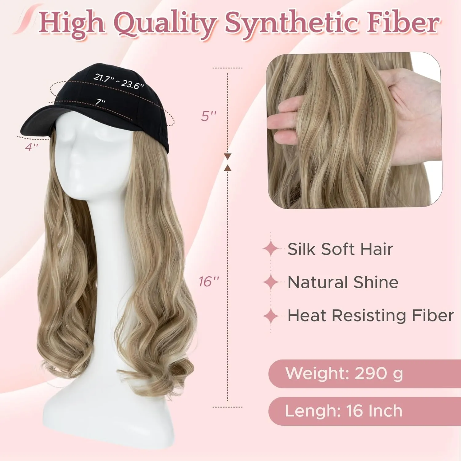 SEGO Hat Wig, Hat with Hair Attached for Women Black Baseball Cap with Hair Extensions, Long Wavy Baseball Cap Wig Adjustable Hats for Daily Party #16P613