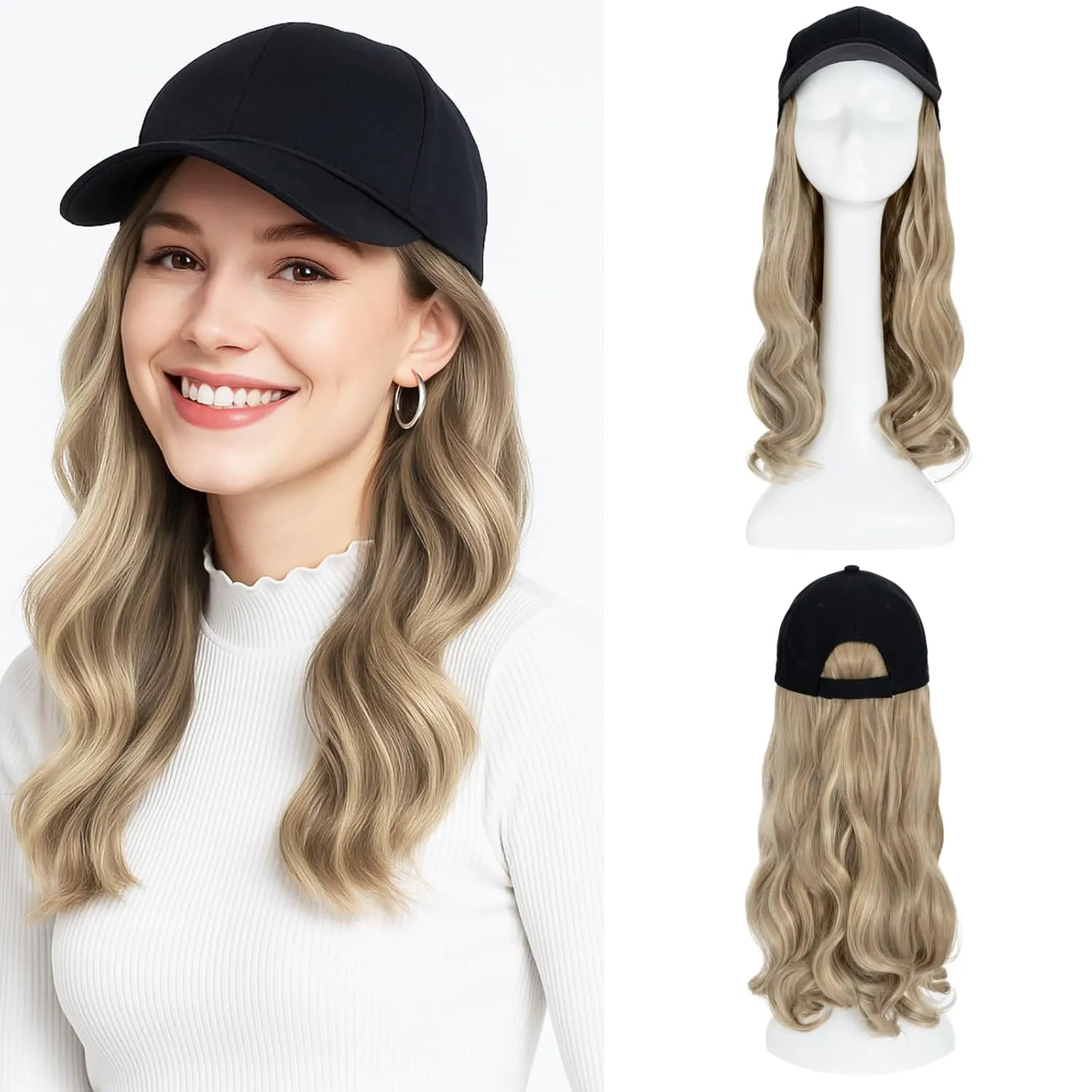 SEGO Hat Wig, Hat with Hair Attached for Women Black Baseball Cap with Hair Extensions, Long Wavy Baseball Cap Wig Adjustable Hats for Daily Party #16P613