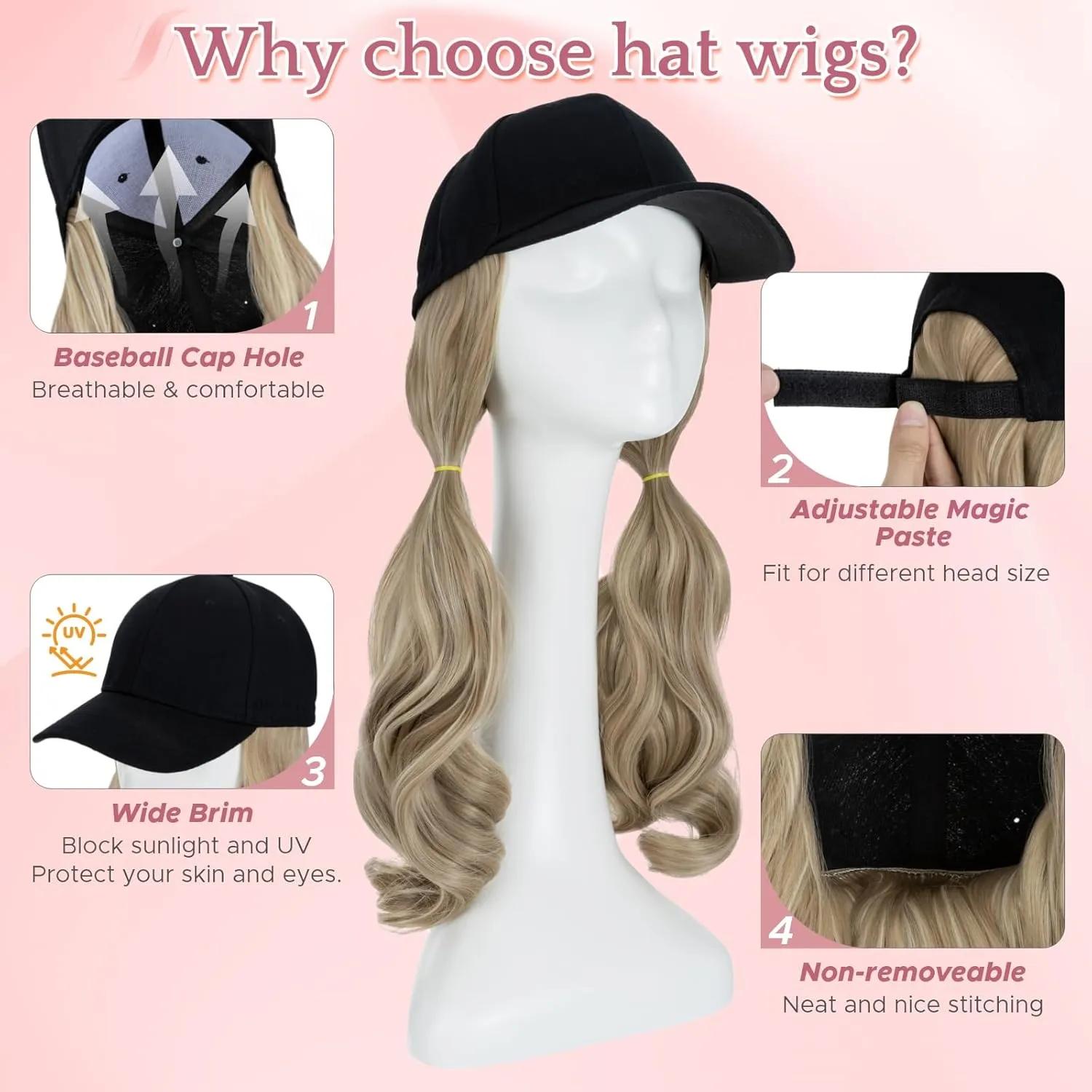 SEGO Hat Wig, Hat with Hair Attached for Women Black Baseball Cap with Hair Extensions, Long Wavy Baseball Cap Wig Adjustable Hats for Daily Party #16P613