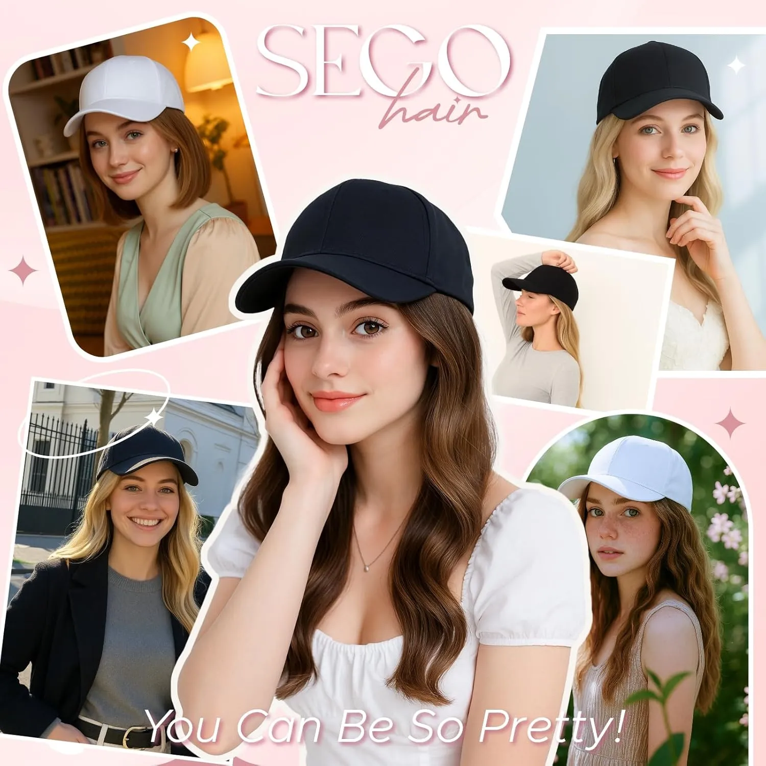 SEGO Hat Wig, Hat with Hair Attached for Women Black Baseball Cap with Hair Extensions, Long Wavy Baseball Cap Wig Adjustable Hats for Daily Party #16P613