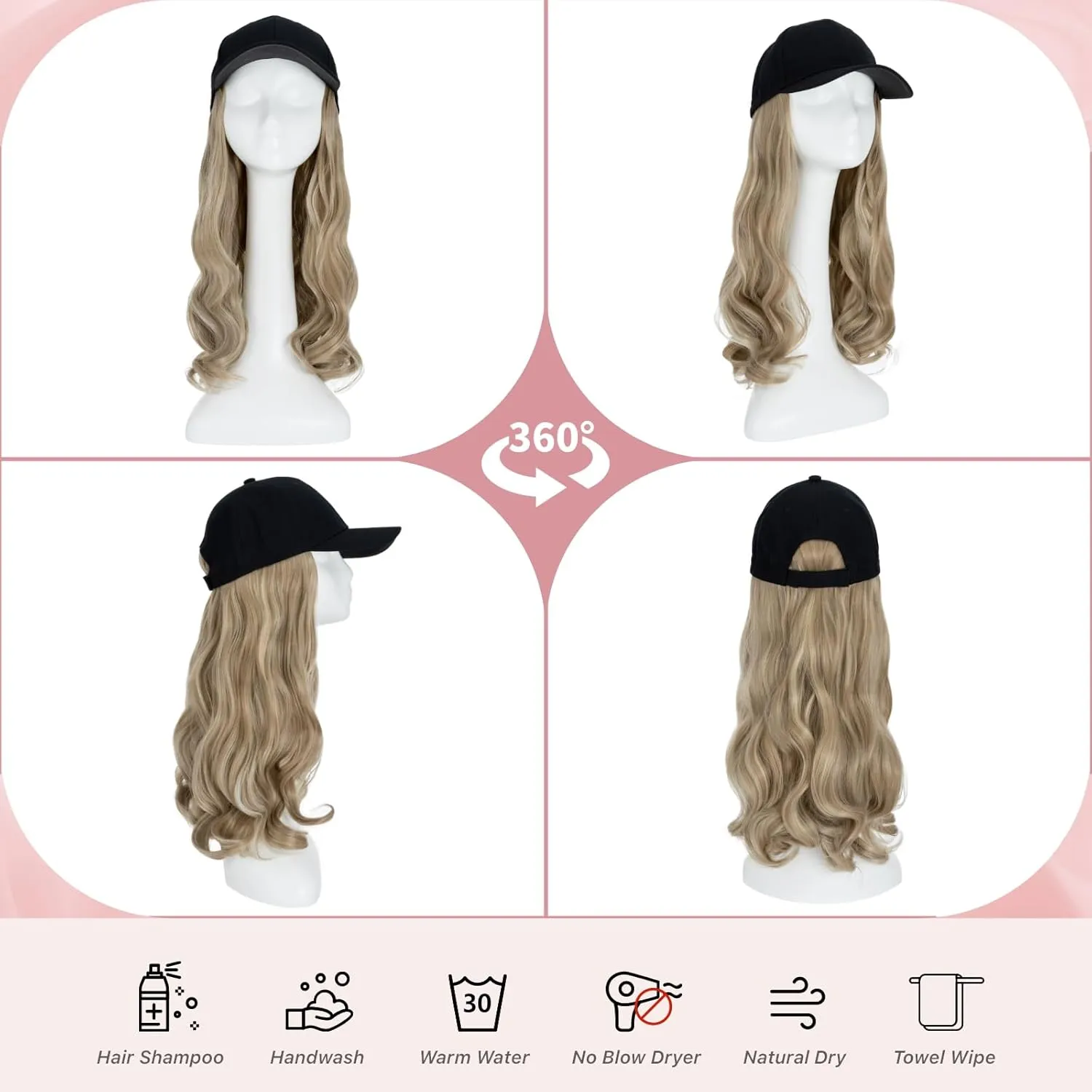 SEGO Hat Wig, Hat with Hair Attached for Women Black Baseball Cap with Hair Extensions, Long Wavy Baseball Cap Wig Adjustable Hats for Daily Party #16P613