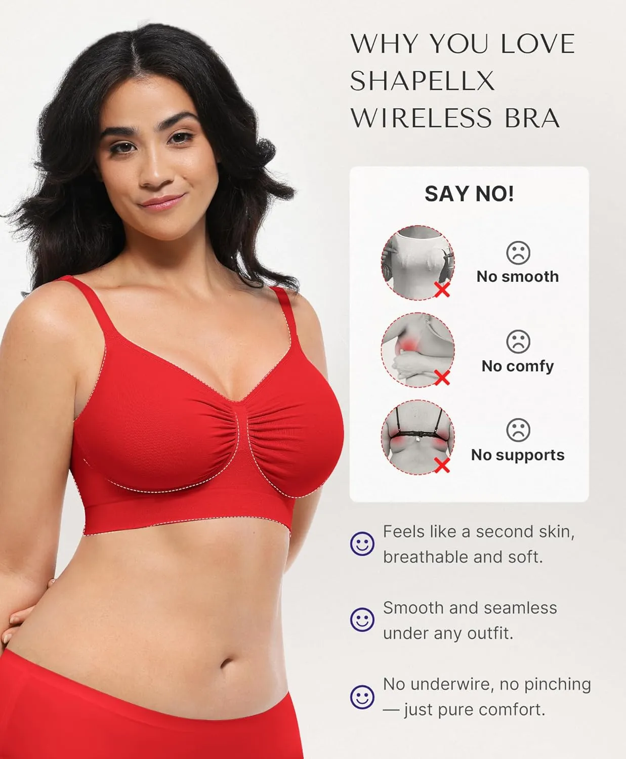 SHAPELLX Wireless Comfy Bra for Women Seamless Bra Non Padded Soft Bralette V Neck Everyday Bras with 4 Rows of Hooks