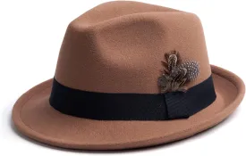 Short Brim Fedora Hats for Men & Women Felt Dress Panama Trilby Hats with Feathers Band