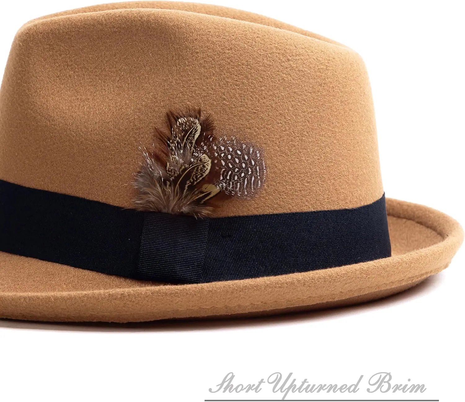 Short Brim Fedora Hats for Men & Women Felt Dress Panama Trilby Hats with Feathers Band