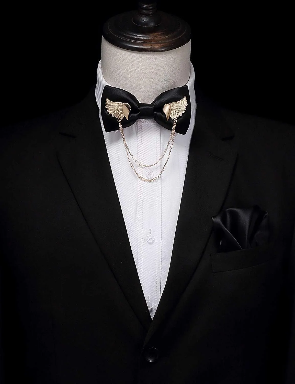 Solid Bow Tie Metal Golden Wing Bowties Hanky Set Tuxedo Banquet Neck Tie