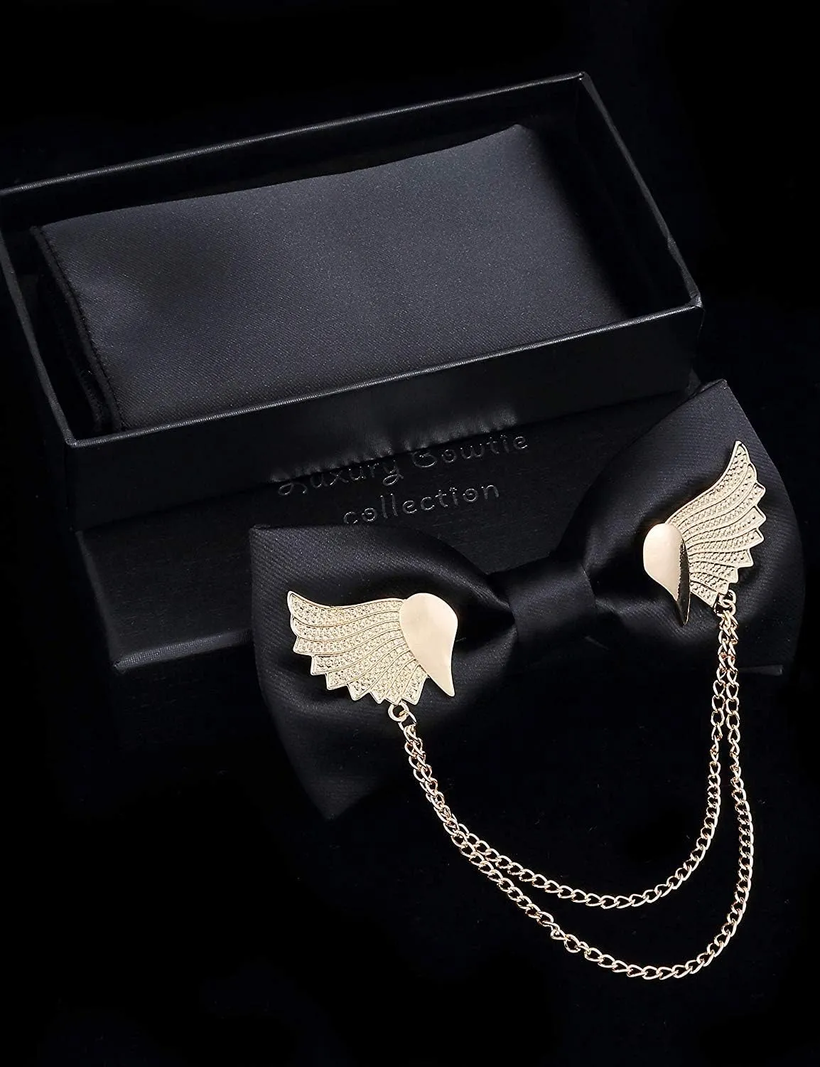 Solid Bow Tie Metal Golden Wing Bowties Hanky Set Tuxedo Banquet Neck Tie