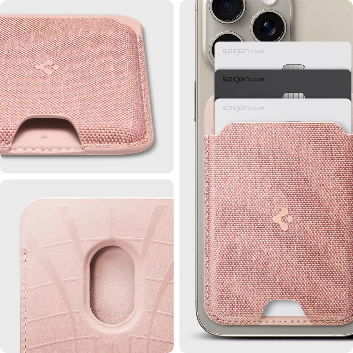 Spigen Magnetic Wallet Card Holder (MagFit) Designed for MagSafe Compatible with iPhone 16/15/14/13/12 Models - Fabric Rose Gold (3-Cards)