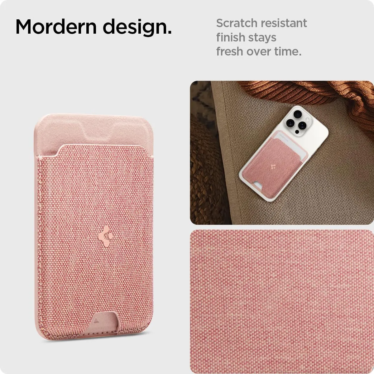 Spigen Magnetic Wallet Card Holder (MagFit) Designed for MagSafe Compatible with iPhone 16/15/14/13/12 Models - Fabric Rose Gold (3-Cards)