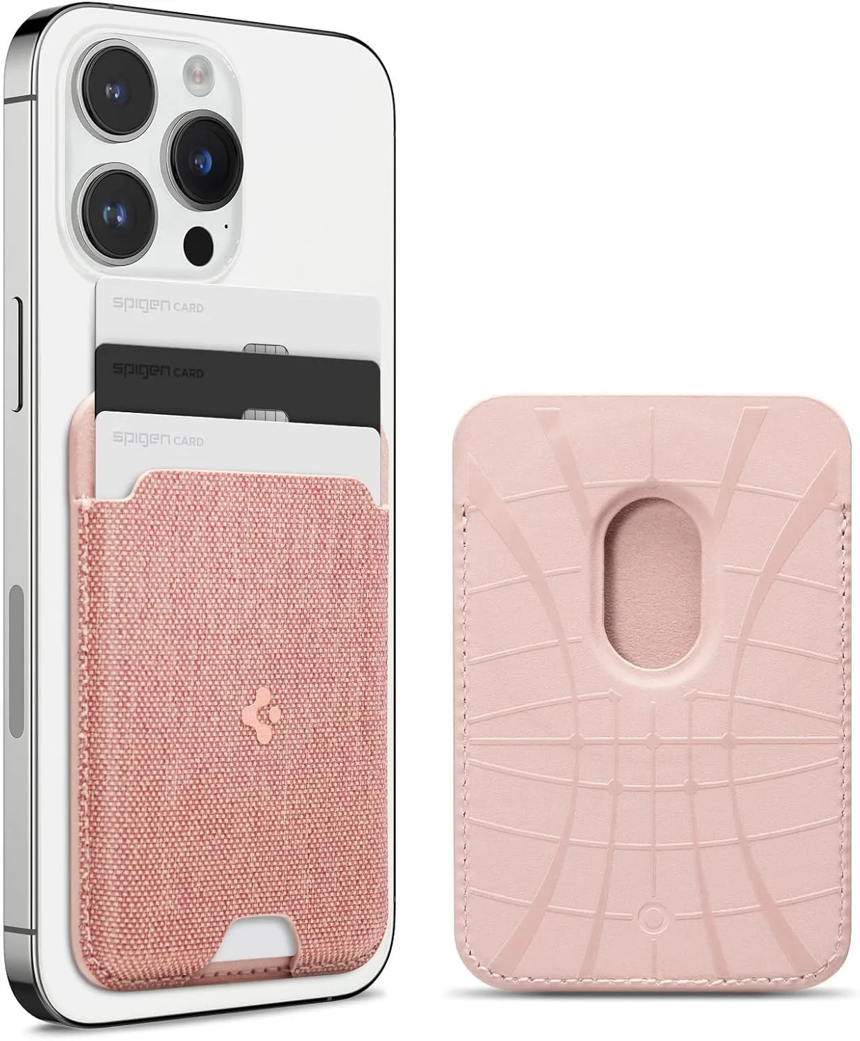 Spigen Magnetic Wallet Card Holder (MagFit) Designed for MagSafe Compatible with iPhone 16/15/14/13/12 Models - Fabric Rose Gold (3-Cards)