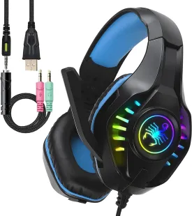 SVYHUOK Pro Gaming Headset for PC PS4 Xbox One Surround Sound Over-Ear Headphones with Mic LED Light Bass Surround Soft Memory Earmuffs for Computer Laptop Switch Games Kids Boys Teens Gifts